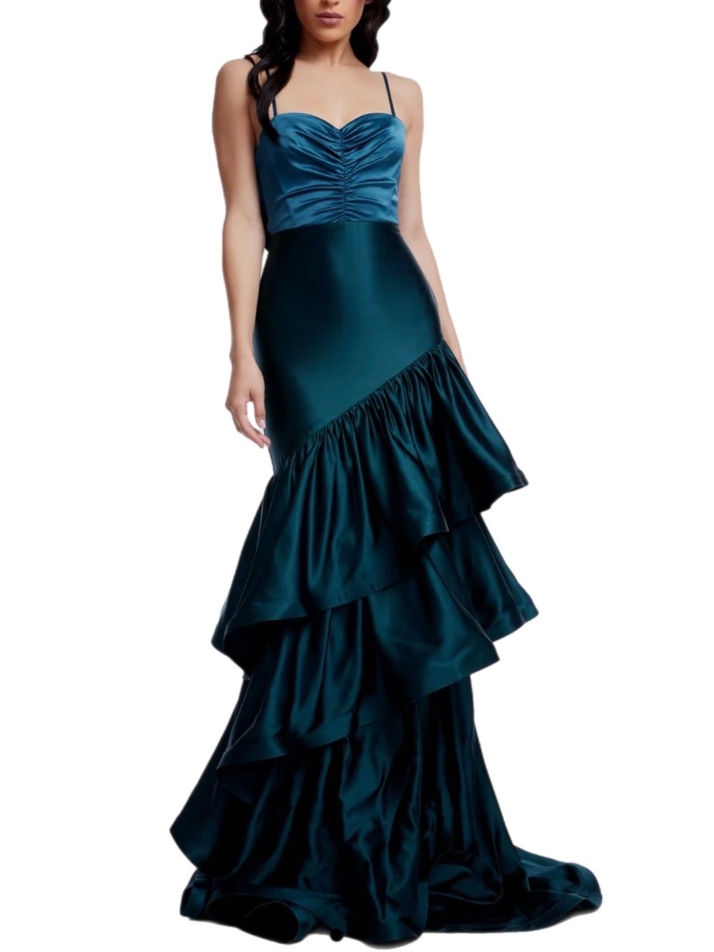 NWT Dress the Population $698 MSRP Clarice Formal Gown in Pine Green Satin XS